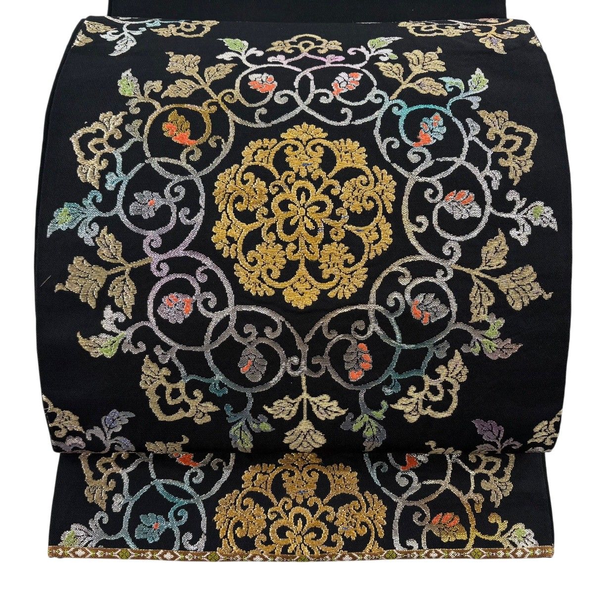 袋帯 逸品 龍村平蔵 落款 関西仕立て 華文 花唐草 箔 黒 六通 正絹 【中古】