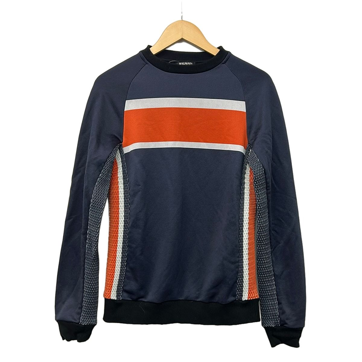 BALMAIN(バルマン) トレーナー サイズXS メンズ美品 - ダークネイビー×オレンジ×白 メッシュ/長袖 14,700円