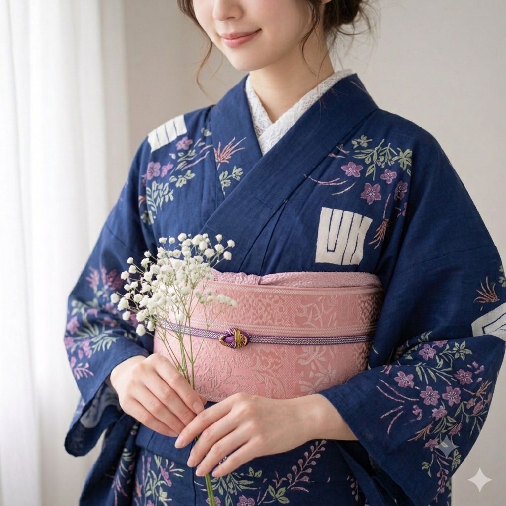 ​【注染】高級浴衣 単品 紺色 源氏香に古典花柄 レトロモダン【新品】
