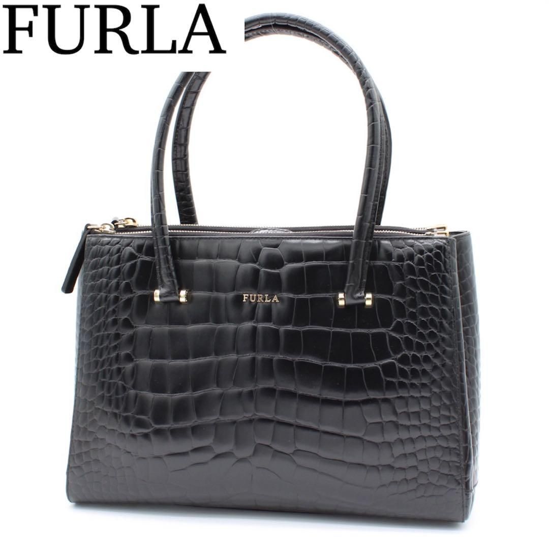 FURLA ロータス クロコ型押し トートバッグ 肩掛け セミショルダー レザー