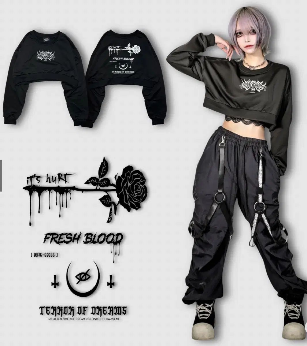 Kryclothing クロップド パンク スウェット Tシャツ ユニセックス 地雷系 サブカルチャー