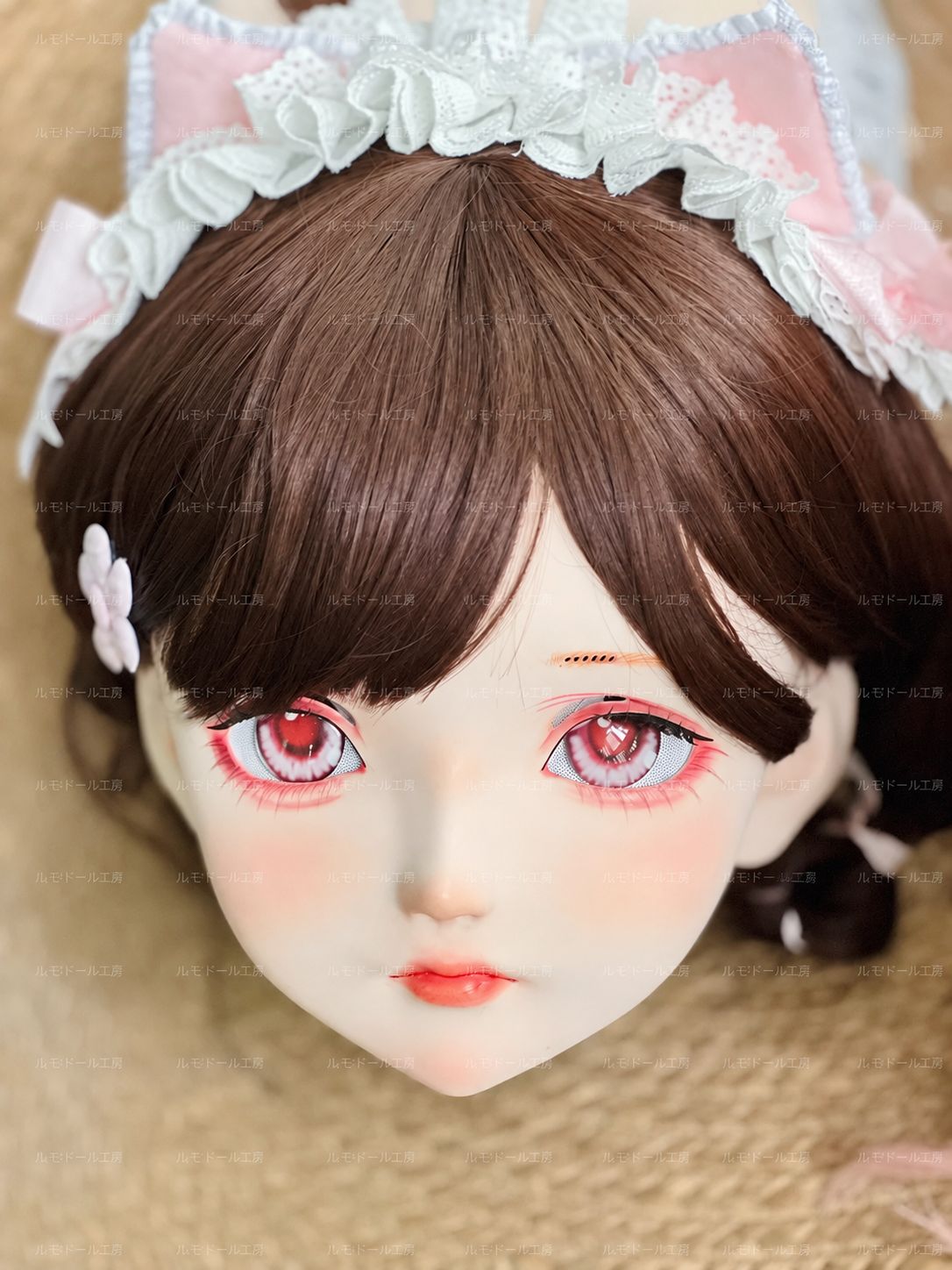 猫耳メイド風 kigurumi 全頭マスク ブラウン髪 ピンクアイ ドール顔 現品