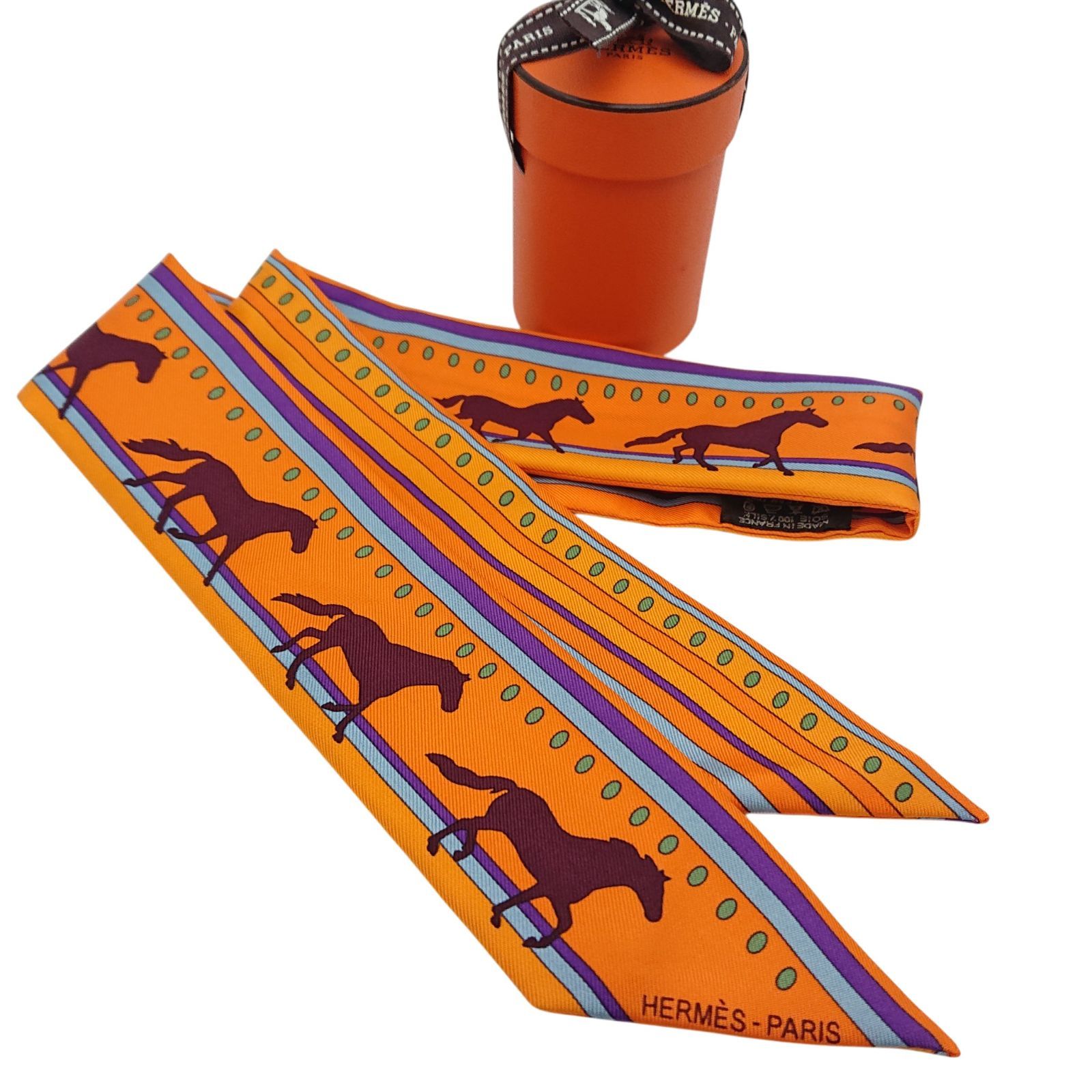 HERMES エルメス ツイリー 馬柄 オレンジ シルク100% スカーフ 箱付き フランス製