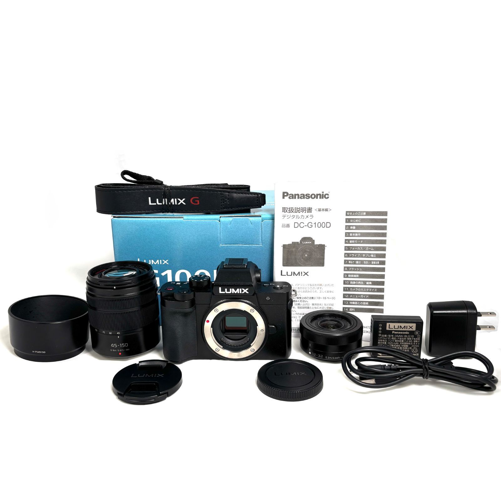 【良品・箱、望遠レンズ用フード付き、液晶保護フィルム貼付け済み】 PANASONIC DC-G100DW-K ダブルズームレンズキット ブラック