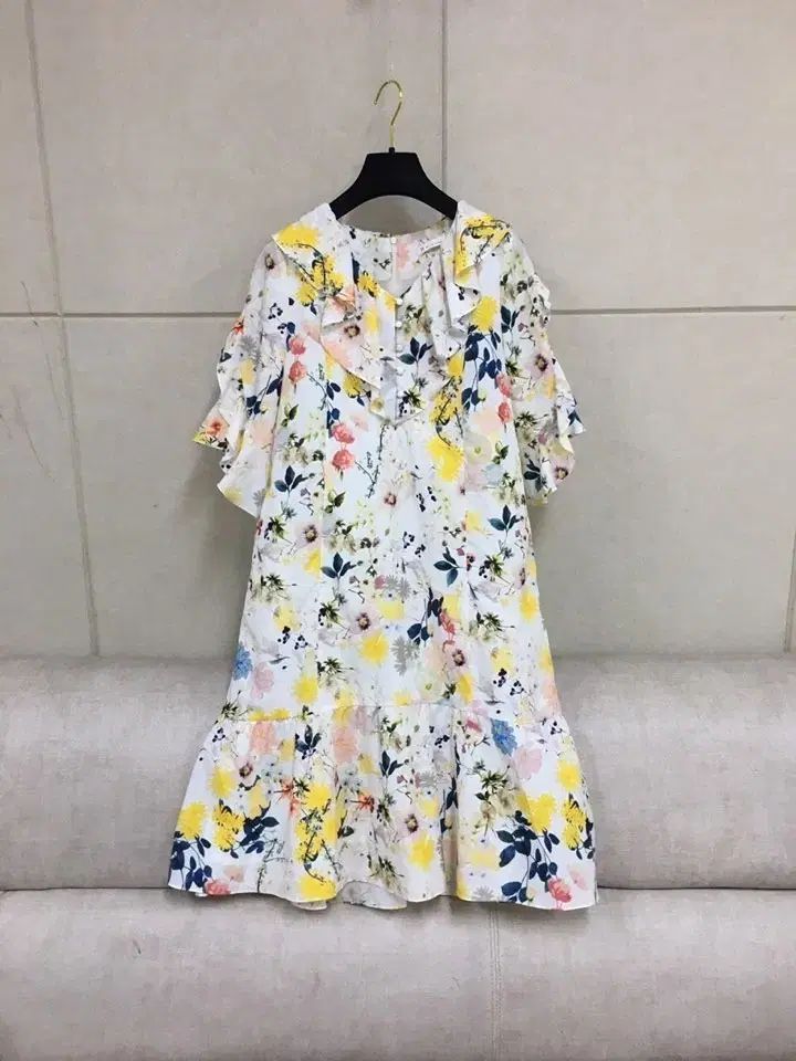 チュールシャ スカイブルー 柔らかく軽い かわいい フローラル ruffled 7分袖 ONE PIECE