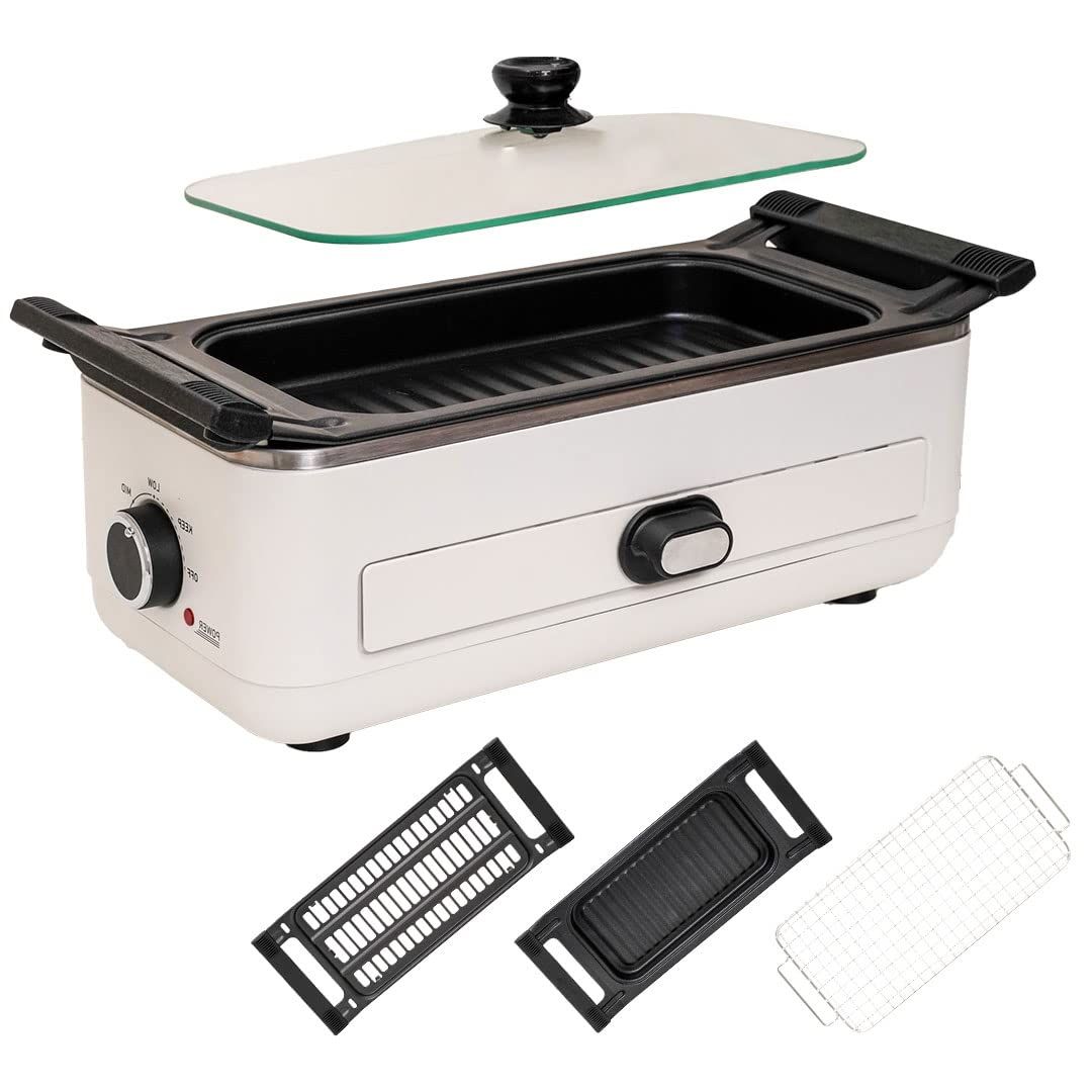新品 THANKO 無煙で美味しい「肉と魚のWグリル」S-SLG21W プレート2種 深型プレート 焼き網 フタ付き