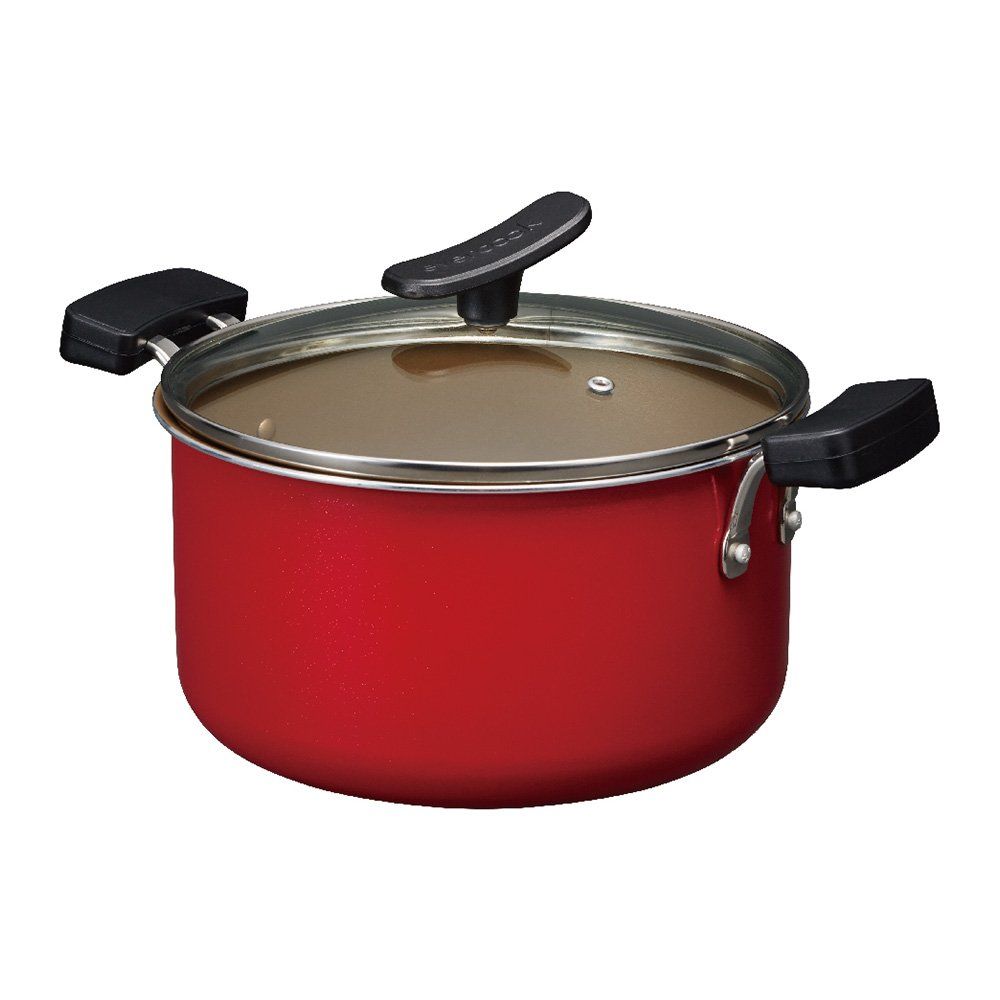 エバークック 両手鍋 22cm IH対応 レッド ガラス蓋付き ドウシシャ [単品 レッド] [4.7 L, 直径 21 cm]