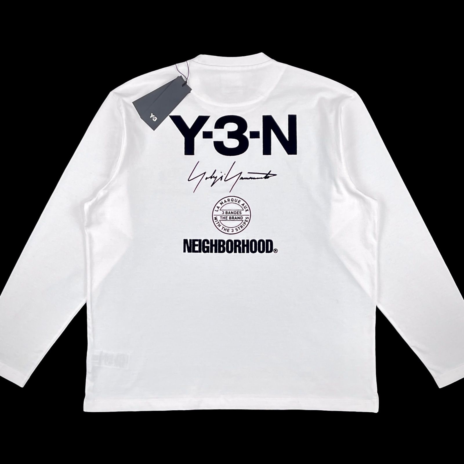 Y-3 NEIGHBORHOOD JX7455 NBHD LOGO LS TE ワイスリー ネイバーフッド コラボ Yohji Yamamoto ヨウジヤマモト サイン ロゴ フロッキー 左胸ワンポイント & バックプリント スリット ロンT 長袖 Tシャツ