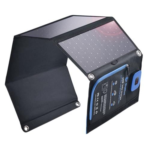 【2025新登場】BigBlue 28W ソーラーチャージャー 電流計 小型 2USBポートUSB-A/USB-C出力付き 25.4％転換効率 ソーラー充電器 ソーラーチャージャー 折り畳み式 2カラビナ個 防水 地震 災害時 キャンプ アウトドア iPhts