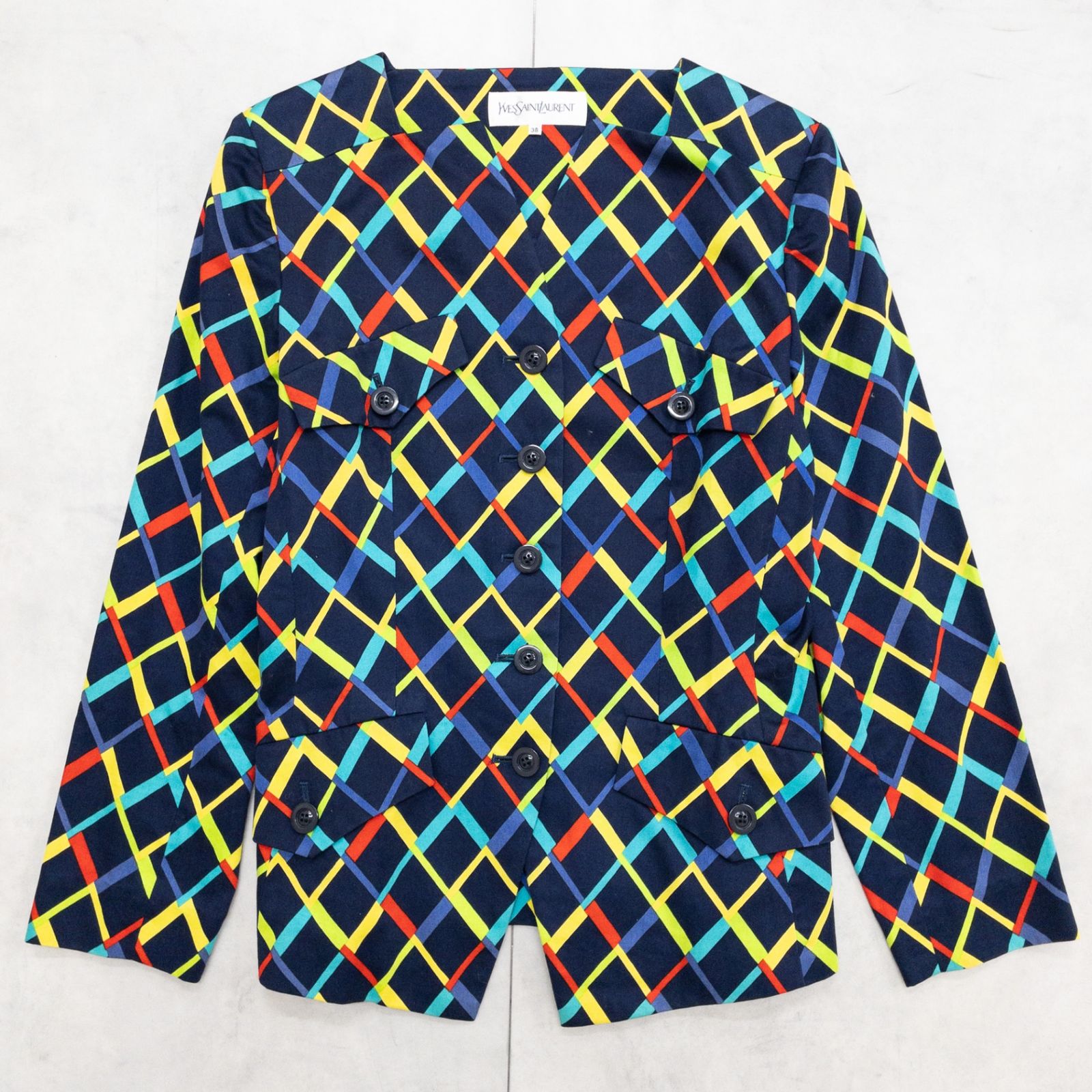 YVES SAINT LAURENT イヴサンローラン ジャケット ノーカラー ヴィンテージ コットン ネイビー マルチカラー 日本製 レディース 38 b01687