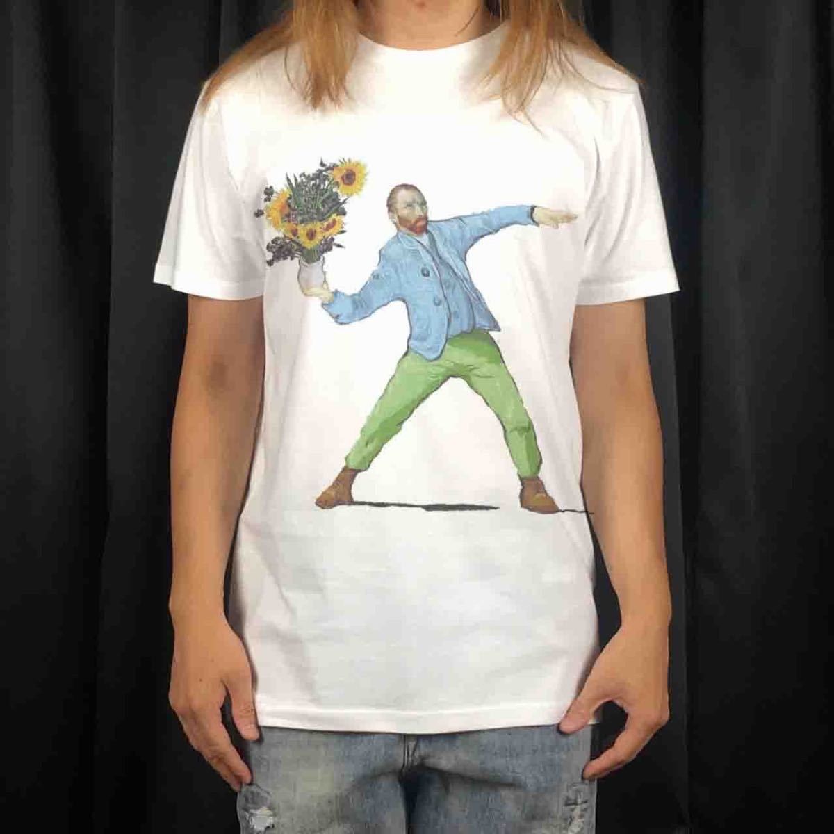 オリジナル Tシャツ ビッグ プリント バンクシー BANKSY 花束 ブーケ ゴッホ 自画像 パロディ Tシャツ S M L XL タイト ジャスト 大きい ビッグ オーバーサイズ メンズ レディース ユニセックス ピンククリーム