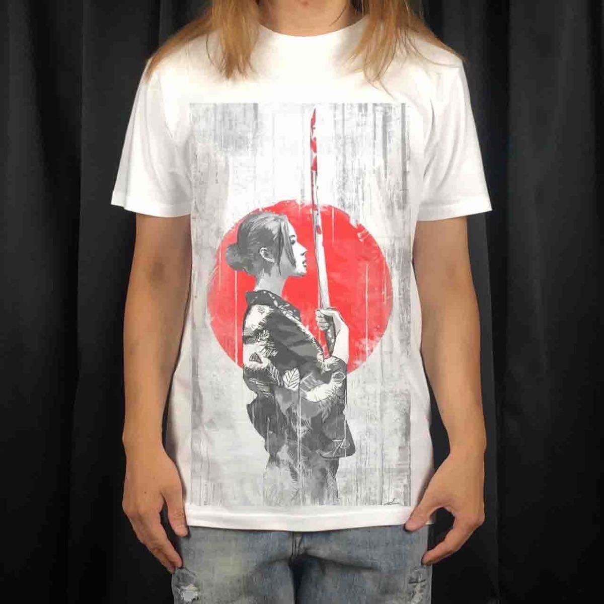 オリジナル Tシャツ ビッグ プリント 日の丸 着物 美人 返り血しぶき 日本刀 ジャパン アート Tシャツ S M L XL タイト ジャスト 大きい ビッグ オーバーサイズ メンズ レディース ユニセックス ピンククリーム