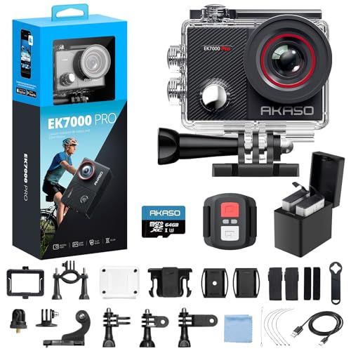 R★AKASO EK7000 Pro + 64GBメモリカード 4K アクションカメラ 2000万画素 タッチパネル式 Type-C外部マイク対応 手ブレ補正 WIFI搭載 広角レンズ 40m防水 水中カメラ HDMI出力 スポーツ リモコン 132bd7b3