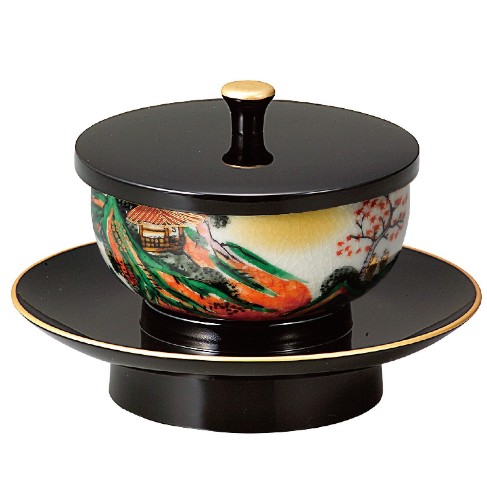 新着商品 サンメニー 本格 九谷焼 茶碗 付 茶台 茶托 山中漆器 日本製 お手軽 仏具 お盆 法事 に 定番 仏具 おちゃわん シンプル 供養 仏具 現代仏壇 お仏壇 仏具小物 4.2寸 黒 (フチ金) 山水 毎日のお供え お参りに 手元供養 ペット 供養