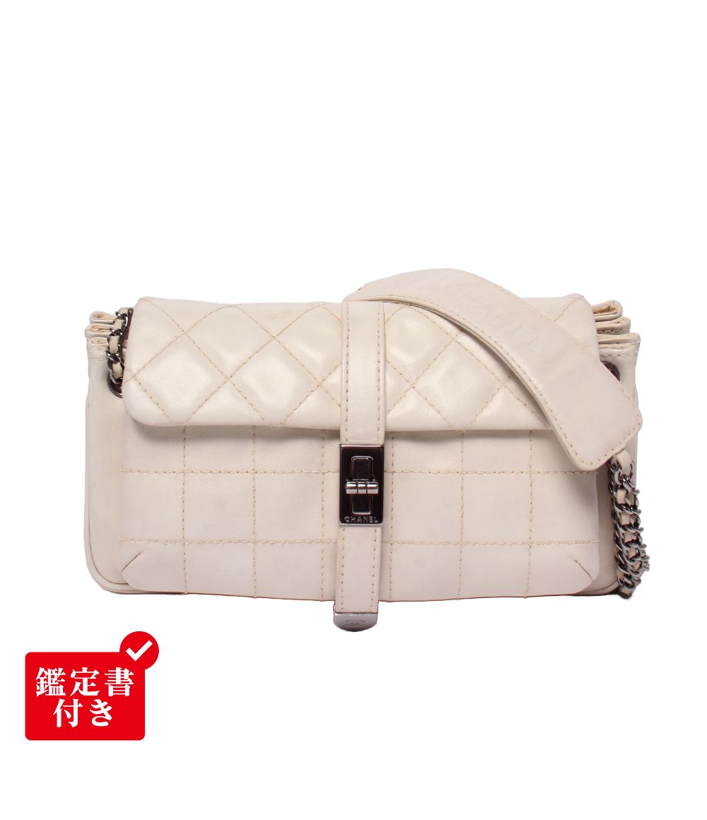 シャネル チェーンショルダーバッグ Wチェーン シングルフラップ シルバー金具 ラムスキン チョコバー レディース CHANEL