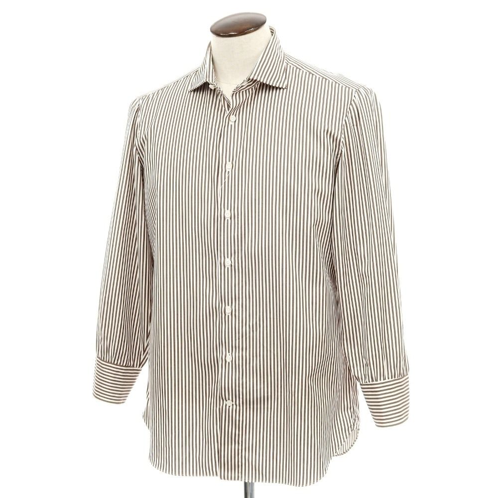 【中古】リングヂャケット RING JACKET Napoli コットン ストライプ ワイドカラー ドレスシャツ ブラウンxホワイト【サイズ42】【メンズ】