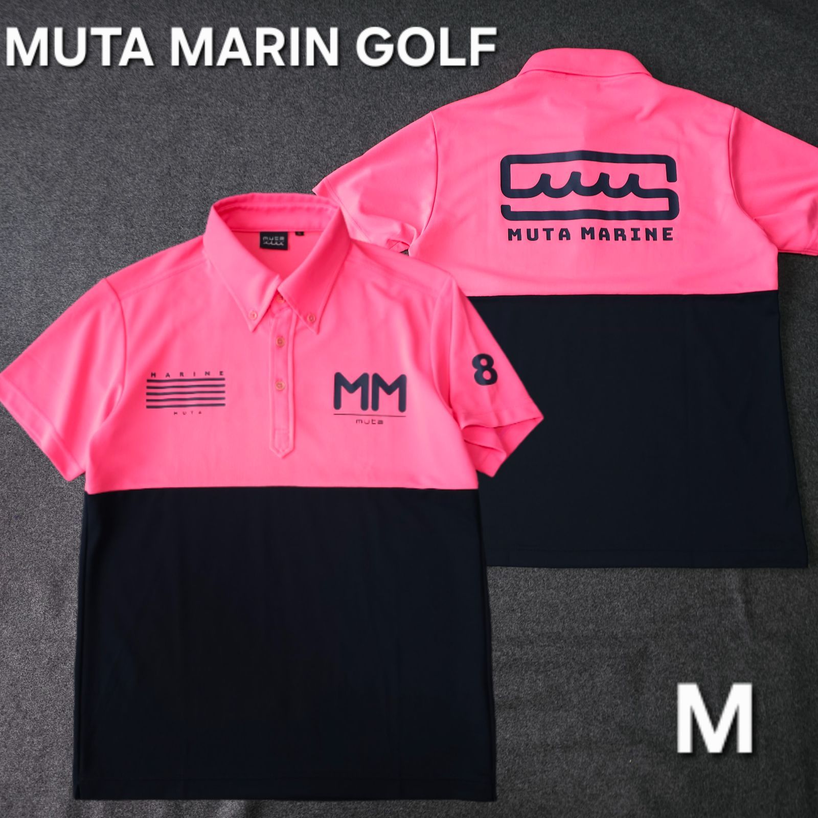 【?値下げ交渉受付中】美品 MUTA MARINE GOLF 半袖 ゴルフポロシャツ 5 M メンズ ピンク×ネイビー ストレッチ 速乾 ムータマリンゴルフ