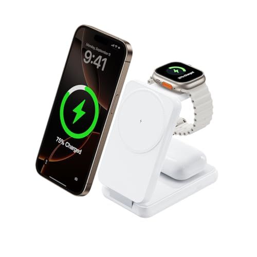ワイヤレス充電器 3in1 magsafe対応 15W急速充電 Apple Watch充電器 iPhone 17/16/15/14/13/12/ Airpods 2/3/4/Pro/iWatchなど対応 折り畳み式 白as a5137fa2