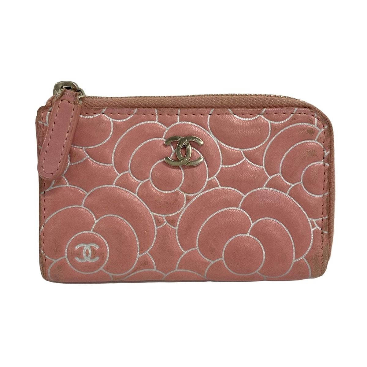 CHANEL(シャネル) コインケース カメリア ピンク×白 シルバー金具/L字ファスナー/キーリング付き ラムスキン 22,940円
