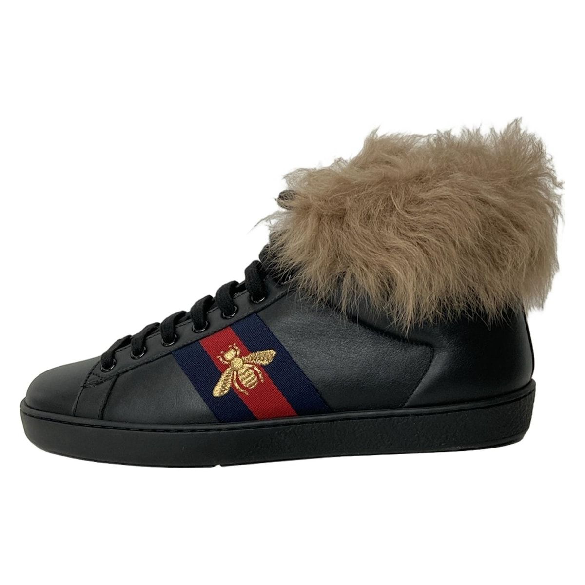 GUCCI(グッチ) スニーカー 8 エース エンブロイダリー ハイカットスニーカー 黒×ブルー×レッド ファー/ハイカット レザー