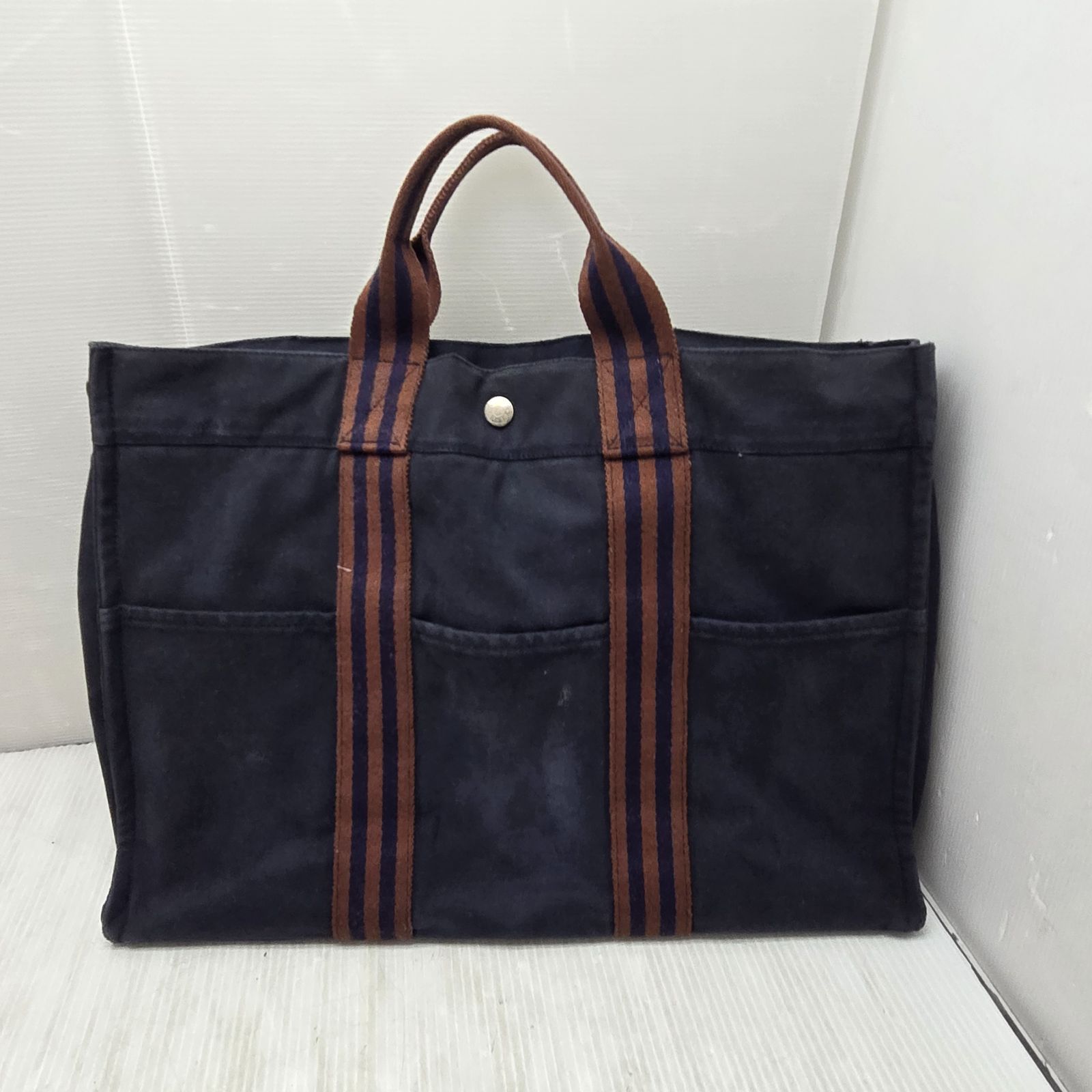 6 S05163 エルメス Hermes エルメス トートバッグ フールトゥ MM キャンバス ネイビー ブラウン メンズ レディース 鞄 ブランド