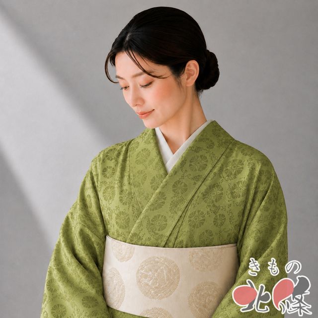 色無地 お召し 着物 未使用 正絹 袷 紋なし 地模様 有職文様 小葵文 鶸萌葱色 身丈158.5cm 裄62cm M ワイド きもの北條 A1376-4