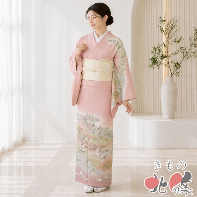 訪問着 着物 未使用 正絹 袷 フォーマル 花の図 珊瑚色 多色 金 身丈165cm 裄70.5cm L トール きもの北條 A1376-5