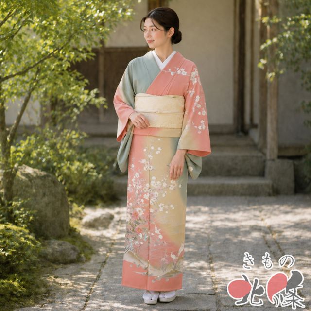 訪問着 着物 中古 正絹 袷 作家物 落款 花鳥の図 流水 東雲色 柳染色 白茶色 多色 金銀 身丈162cm 裄69cm M きもの北條 A1376-6