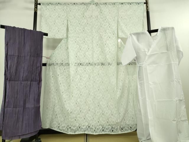平和屋着物∴極上　夏物 浴衣・小紋兼用 肌襦袢・兵児帯(深紫色)3点セット レース　花唐草文　スカイグリーン色　逸品　新品　DZAB10610kh6
