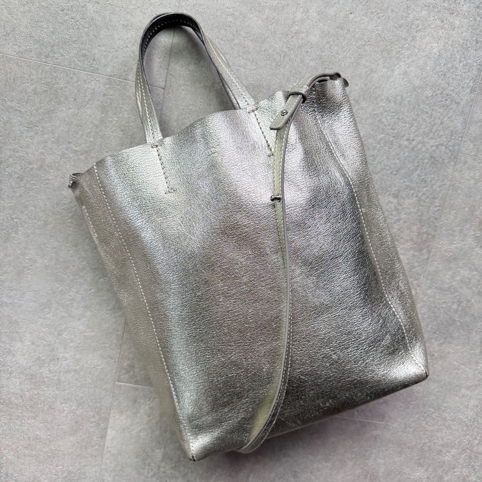 CELINE セリーヌ 2way トートバッグ ショルダーバックヴェルティカル カバ スモール レザー シルバー