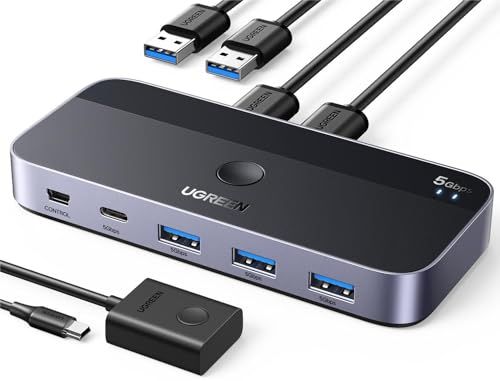 UGREEN USB3.0 切替器 2PCでUSB-C&Aデバイス共有 5Gbps高速転送 USB 切り替え プリンタ/マウス/キーボード/ハブなどを切替 リモコン＆切替ボタン 切り替え機 2*USBケーブル&リモコン付き スカイグレーt ca48aa55