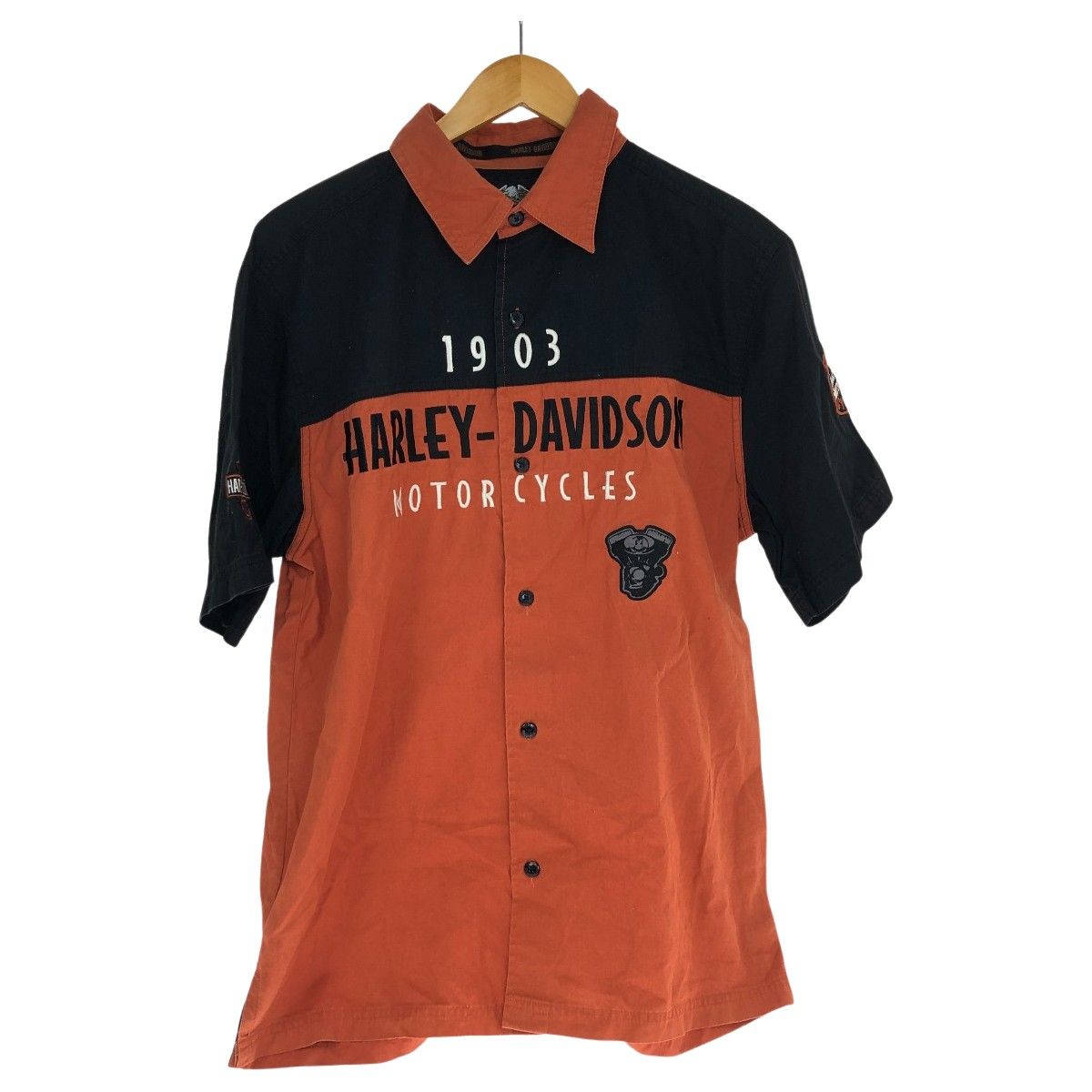 80~90s HARLEY-DAVIDSON シャツ 半袖シャツ SIZE M 古着 オレンジ×ブラック