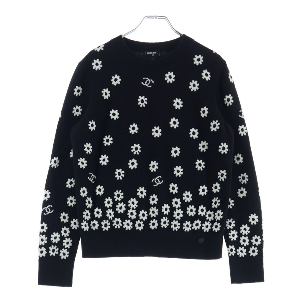 CHANEL (シャネル) ココマーク デイジー ジャガード 総柄 カシミヤ プルオーバー 長袖ニット セーター ブラック レディース P72453K10396