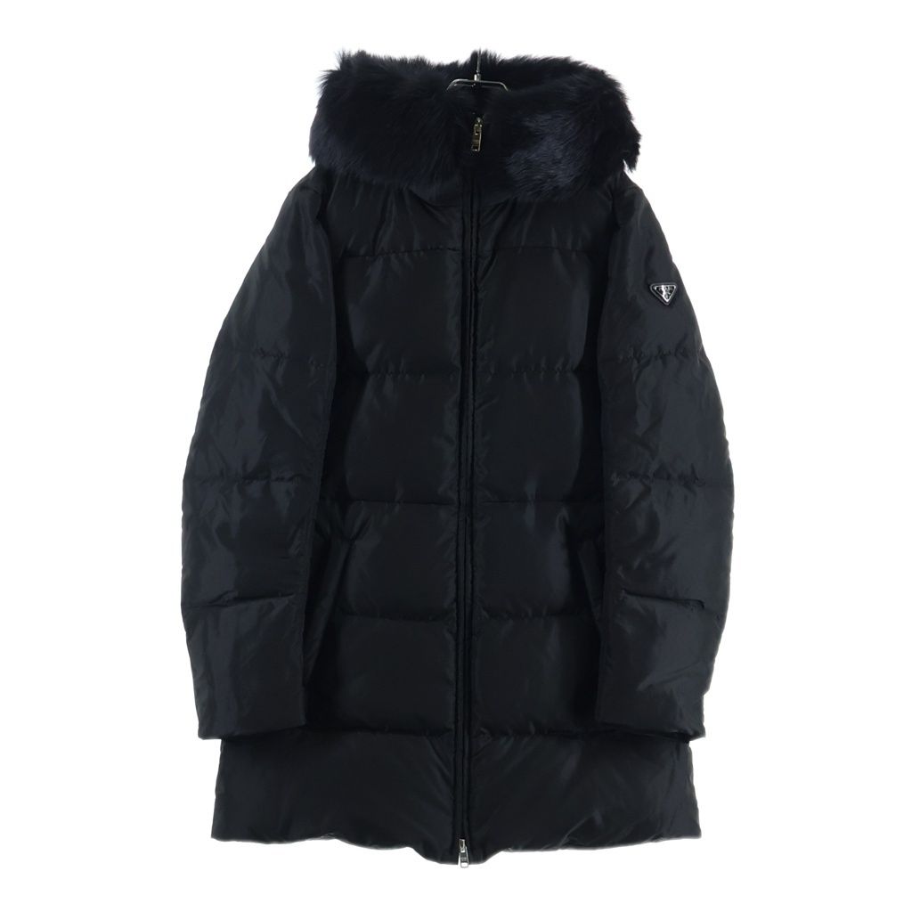 PRADA (プラダ) トライアングルロゴ 三角プレート シープファー ナイロン ロング ダウン コート ブラック レディース 29E117 R212