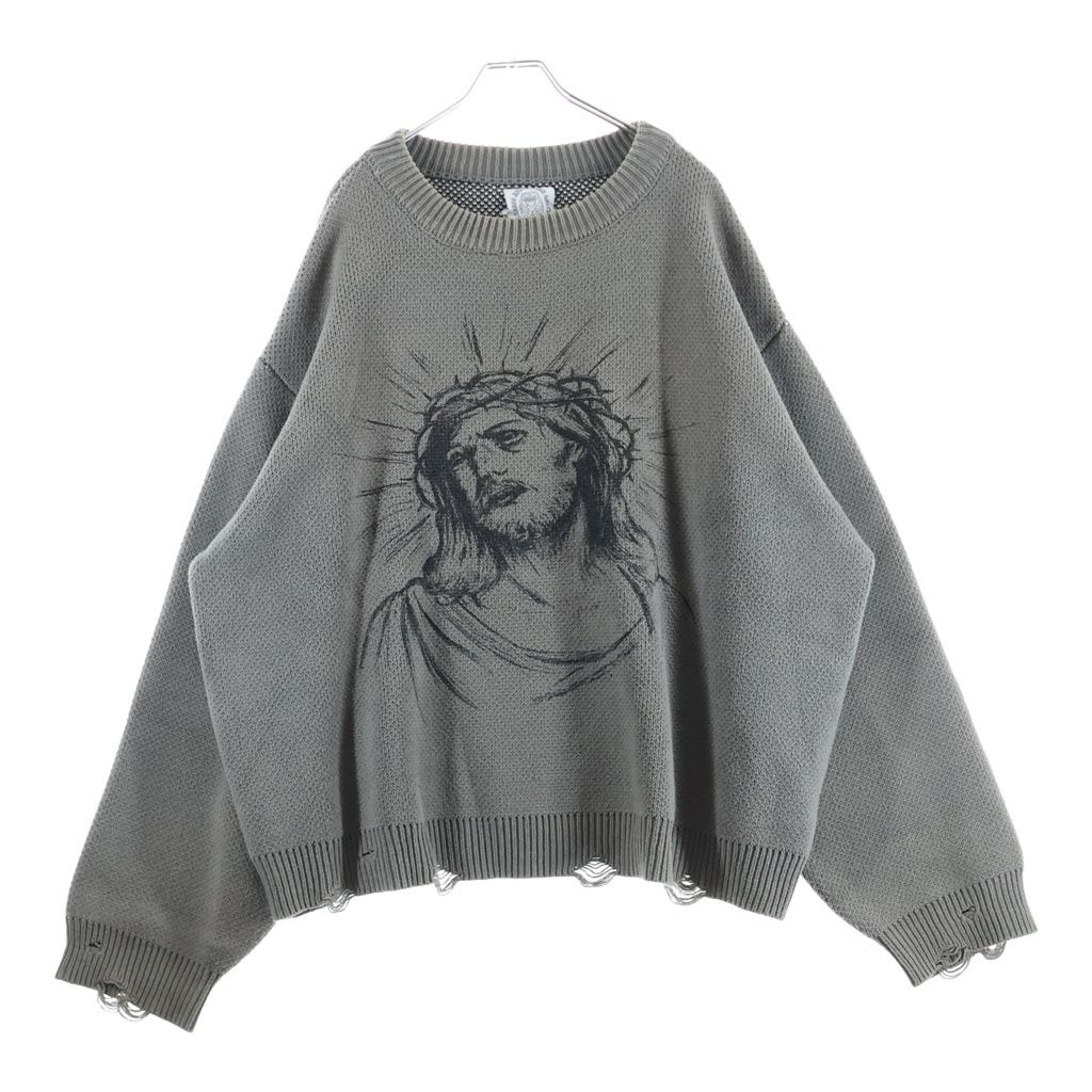 SOMEIT (サミット) J.X. VINTAGE KNIT 両面エンブロイダリー ヴィンテージ加工 クルーネックニット セーター グレー