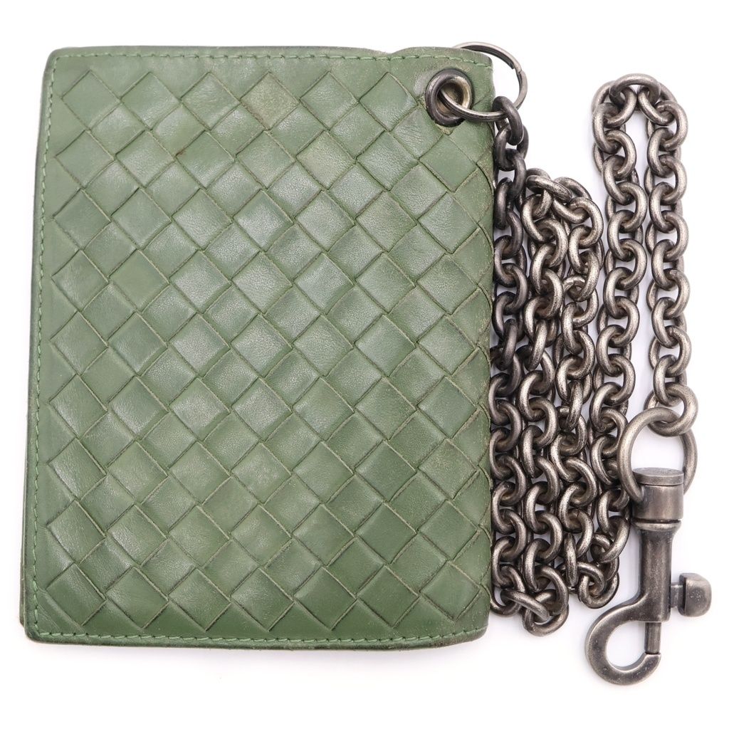 BOTTEGA VENETA (ボッテガヴェネタ) イントレチャート チェーン付きレザーウォレット 2つ折り財布 カーキ