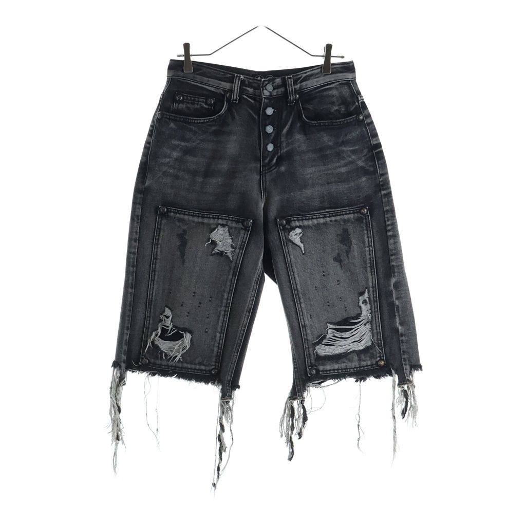 THUG CLUB (サグクラブ) DOUBLE KNEE DAMAGE SHORTS ダブルニー ダメージデニムショーツ ブラック TC24PT0302