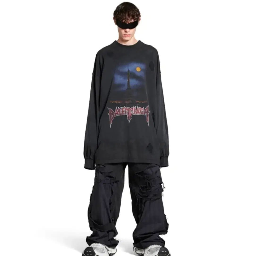 4 バレンシアガ パリ ムーン ダブル フロント オーバーサイズ ロングスリーブ Tシャツ ブラック