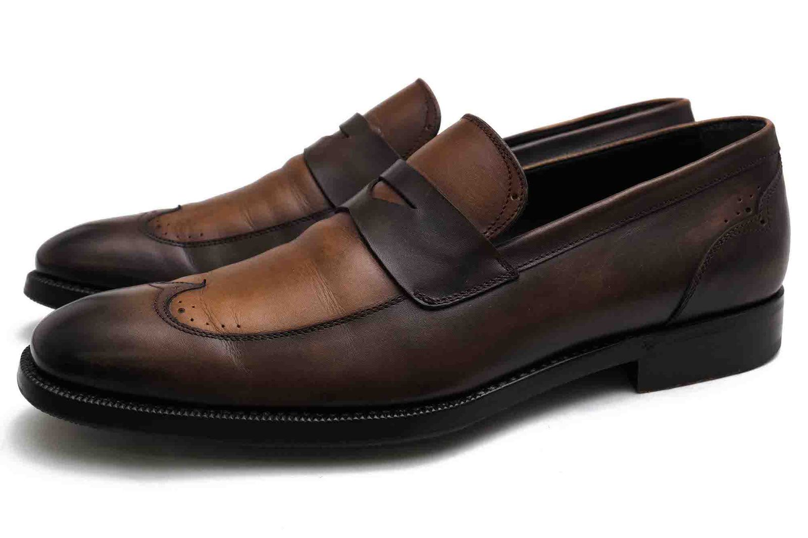 ゼニア／Ermenegildo Zegna コインローファー ペニーローファー シューズ 靴 メンズ 男性 男性用 レザー 革 本革 ブラウン 茶 A1988X CA07 パティーヌ染め ウイングチップ グッドイヤーウェルト製法