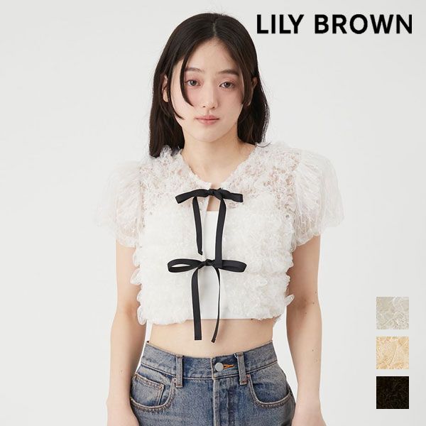 【即納】リリーブラウン LILY BROWN トップス 26春夏 シャーリングコンパクトリボントップス 半袖 ミニ丈 シアー lwft264001