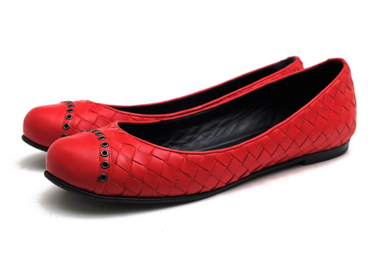 ボッテガヴェネタ／BOTTEGA VENETA パンプス シューズ 靴 レディース 女性 女性用 レザー 革 本革 レッド 赤 フラットパンプス メッシュ・イントレチャート スタッズ