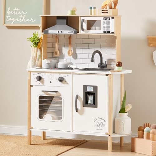 Tiny Land 子供用プレイキッチン、木製キッズプレイキッチンセット、リアルなライトと音付きのシェフごっこセット、18個のおもちゃの食べ物と調理器具アクセサリー付き★ 038b2908