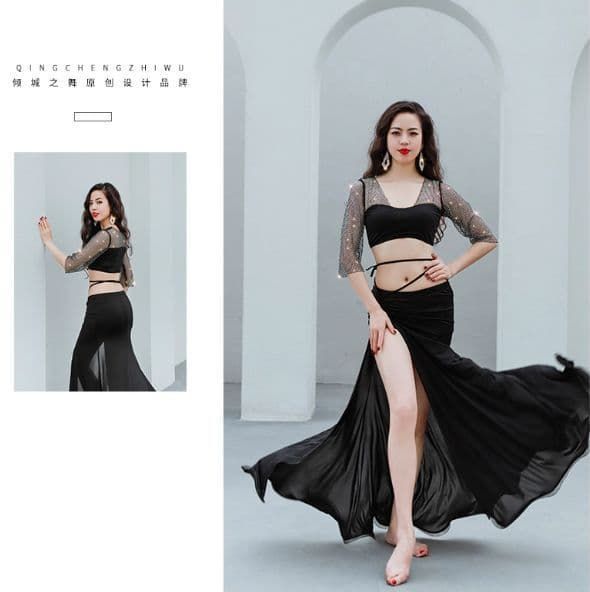 新品未使用 高級ベリーダンス練習服 ブラック メッシュ切替セット