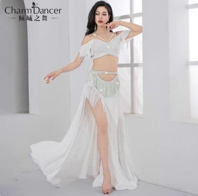 新品未使用 高級ベリーダンス衣装 高腰スリット 豪華フリンジ仕様 4色展開