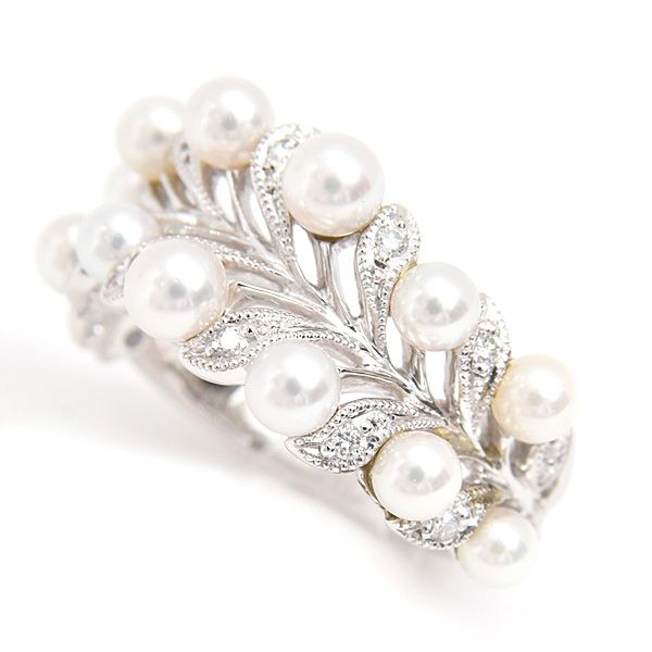 ミキモト 指輪 レディース ベビーパール ダイヤ リーフモチーフ リング 12号 3.0mm～3.8mm珠 プラチナ PT950 MIKIMOTO 中古