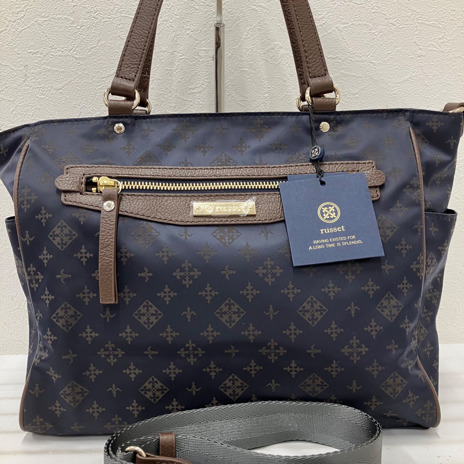 Ｙ4729　【美品】　russet ラシット　タグ付き　2way　ショルダーバッグ　トートバッグ　ネイビー　ブラウン　レディース　ポケット多数　ナイロン　レザー　通勤　通学　仕事用バッグ　普段使い