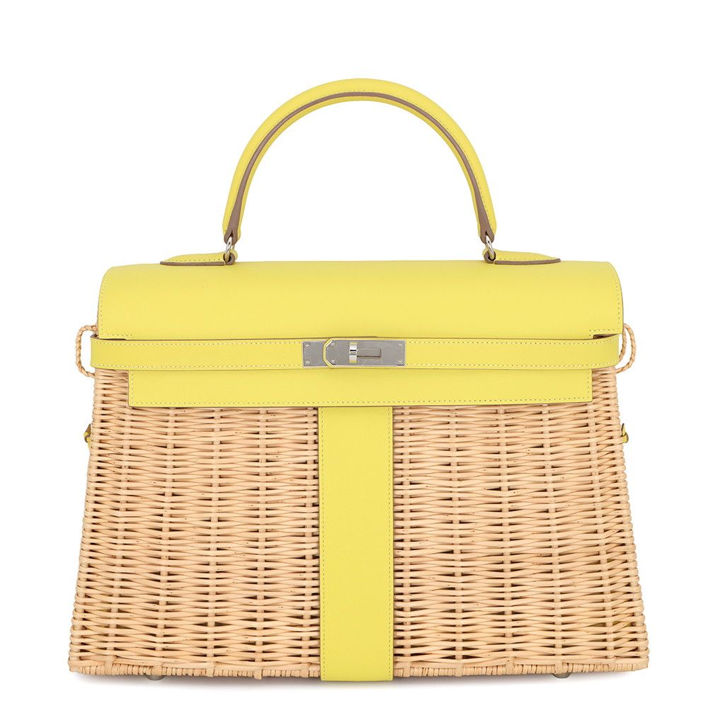 エルメス ハンドバッグ ケリー35 ピクニック ライム/ナチュラル/シルバー金具 スイフト/柳 U刻印 HERMES 2wayバッグ