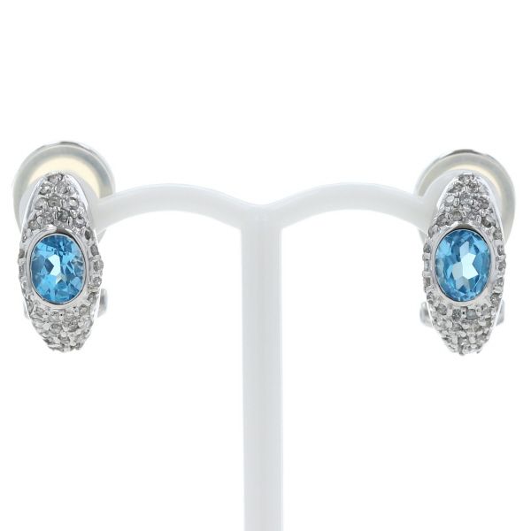 K18WG ホワイトゴールド イヤリング ダイヤモンド 0.2ct/0.2ct ブルートパーズ オーバル パヴェ ハーフフープ【新品仕上済】【zz】【中古】