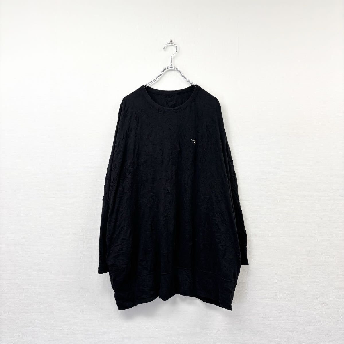 Y's ワイズ Yohji Yamamoto ヨウジヤマモト シワ加工 ロゴ 刺繍 ロングスリーブ カットソー オーバーサイズ ロンT ブラック 3 806-0050