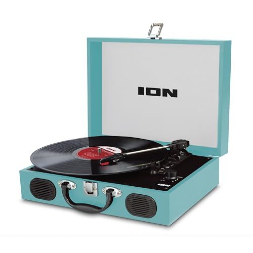 ION Audio ポータブルレコードプレーヤー スーツケース型 スピーカー内蔵持ち運び 電池でも稼働 Vinyl Transport 水色Ju